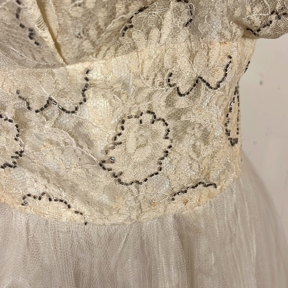 Vintage 50s Accordion Pleat Midi Dress Lace & Beaded Ruffle Medium - Picture 9 of 9